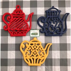 Collections Etc Teapot Trivets Unisex OS Red Blue Yellow Cast Iron Set of 3